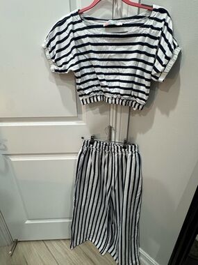 Striped White & Navy Two-Piece Women's Swim Coverup Set